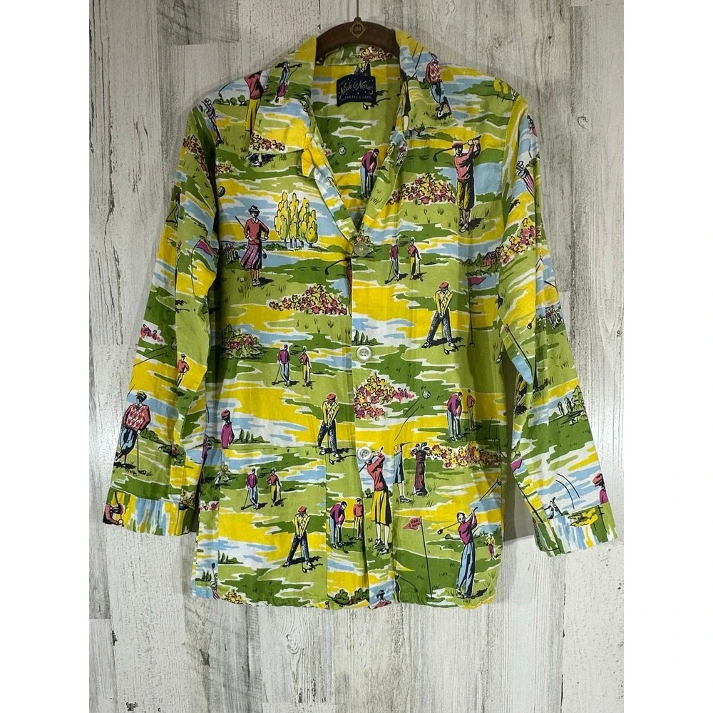 Nick & Nora Pajama Top Large Green Golf Scene Graphic Long Sleeve Button Up PJs